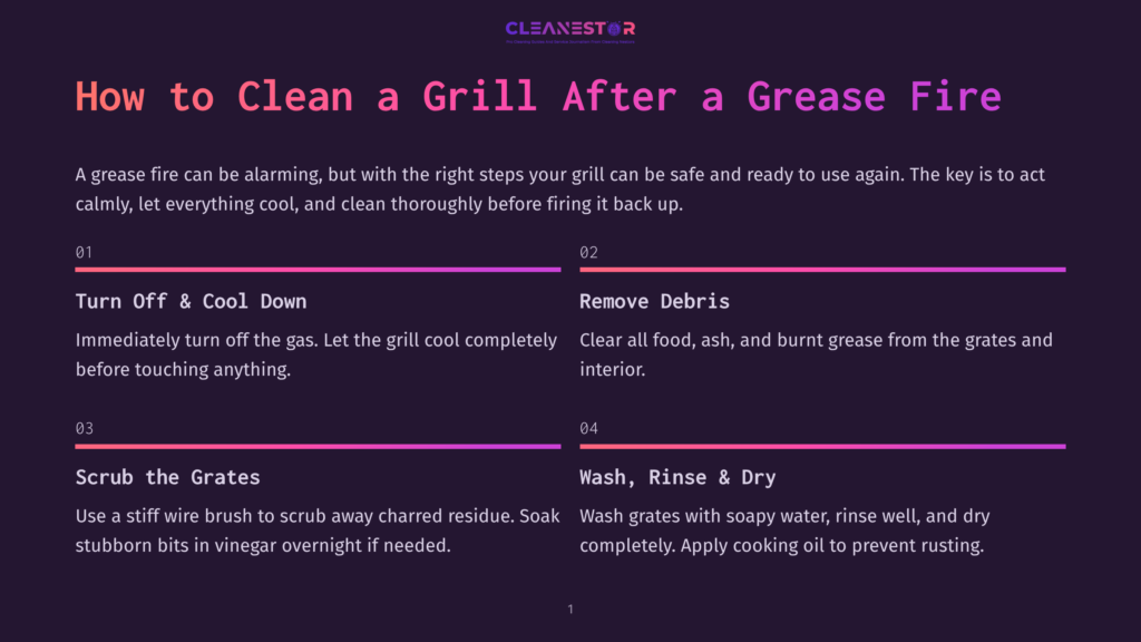 Infographic Titled &Quot;How To Clean A Grill After A Grease Fire&Quot; With Steps: 1. Turn Off &Amp; Cool Down, 2. Remove Debris, 3. Scrub The Grates, 4. Wash, Rinse &Amp; Dry.