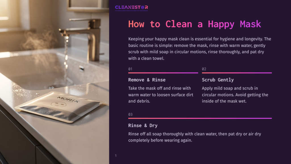 A Single Morix Facial Mask Packet Sits On A Clean, Modern Bathroom Counter Next To A Running Faucet, With Water Flowing Into A Sink. The Text &Quot;Cleanestor&Quot; Is Visible At The Top Of The Image.