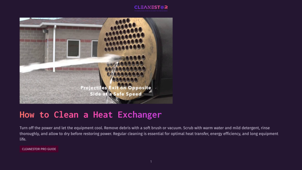 A High-Pressure Water Jet Cleans A Heat Exchanger, With Projectiles Exiting The Opposite Side At A Safe Speed. The Text &Quot;Cleanestor&Quot; Is Visible At The Top.