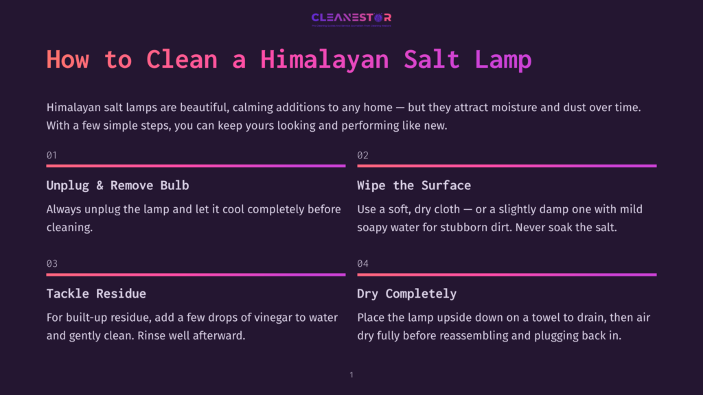 Infographic Showing How To Clean A Himalayan Salt Lamp, With Steps Like Unplugging The Lamp, Wiping The Surface With A Damp Cloth, Tackling Residue With Vinegar, And Drying The Lamp Upside Down.