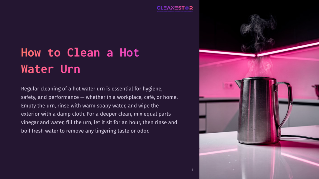 A Stainless Steel Hot Water Urn Steams In A Modern Kitchen With Pink Neon Lighting. Text On The Left Reads &Quot;How To Clean A Hot Water Urn&Quot;.