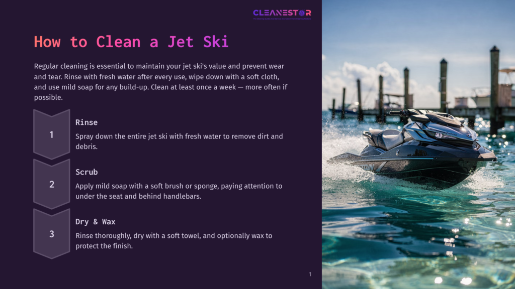 A Black And Silver Jet Ski Moves Swiftly Through Clear Blue Waters Near A Dock, With A Bright Sky And Distant Buildings Visible. A Step-By-Step Guide On How To Clean A Jet Ski Is Overlaid On The Image.