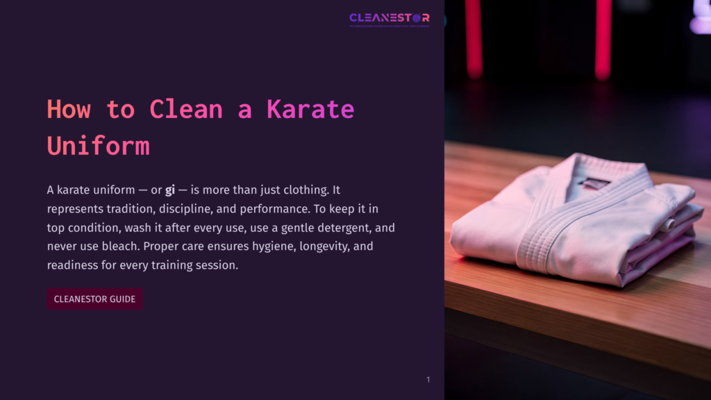 A Neatly Folded White Karate Uniform, Or Gi, Rests On A Polished Wooden Surface, Ready For Cleaning. The Text &Quot;How To Clean A Karate Uniform&Quot; Is Displayed Prominently On The Left Side Of The Image.