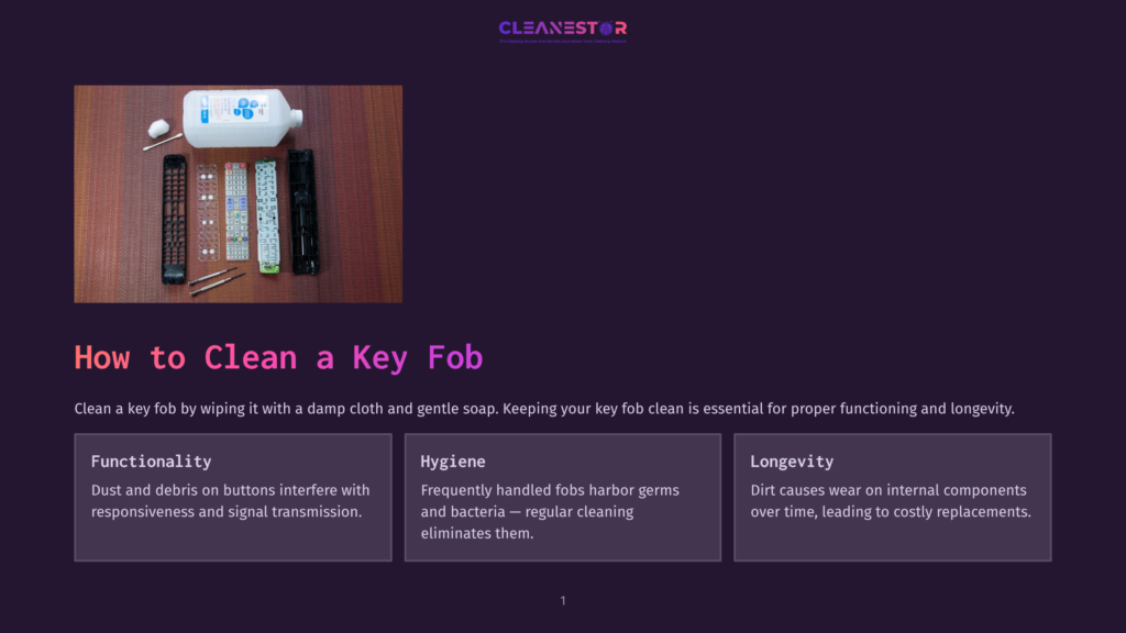 A Cleaning Kit With A Bottle Of Liquid, A Damp Cloth, And Several Remote Controls, Illustrating How To Clean A Key Fob.