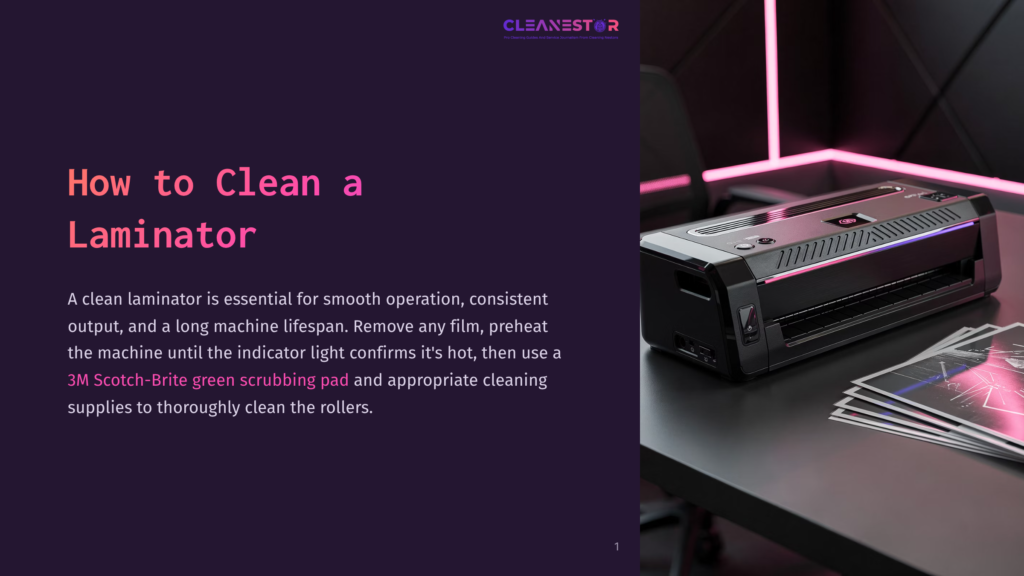 A Black Laminator Machine With Pink And Blue Led Lights Sits On A Dark Desk Next To A Stack Of Laminated Documents. Text On The Left Reads &Quot;How To Clean A Laminator.