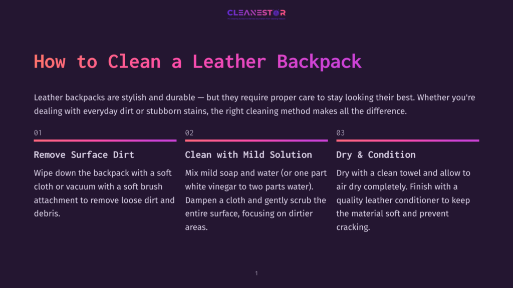 Infographic Titled &Quot;How To Clean A Leather Backpack&Quot; With Three Steps: Remove Surface Dirt, Clean With Mild Solution, And Dry &Amp; Condition. The Cleanestor Logo Is At The Top.