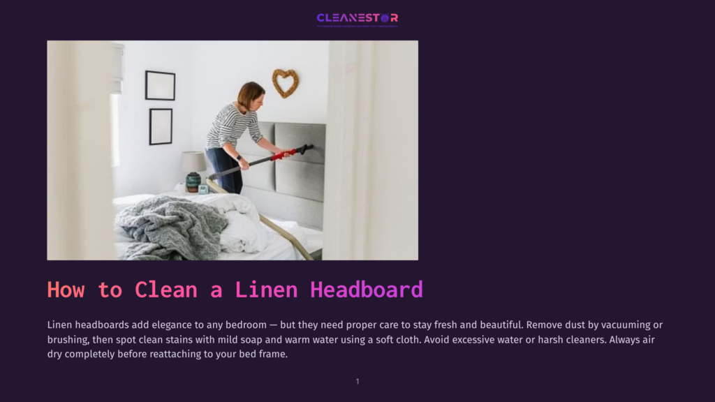 Woman Cleaning A Grey Linen Headboard With A Vacuum Cleaner Attachment In A Bedroom. The Headboard Has Decorative Tufting And Is Behind A Bed With Rumpled White And Grey Bedding.