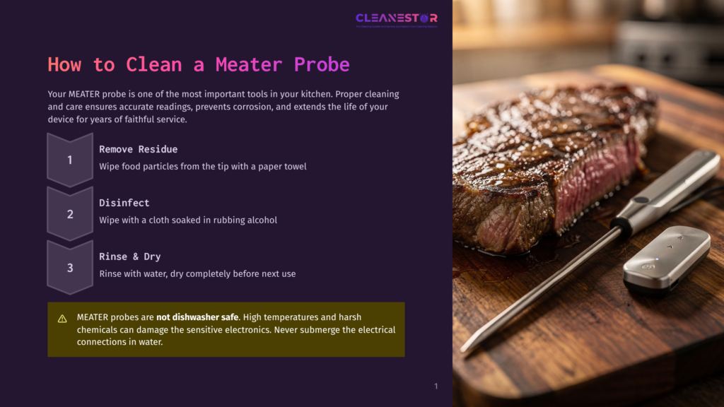 Infographic Showing How To Clean A Meater Probe. Step 1: Wipe Food Particles From The Tip With A Paper Towel. Step 2: Disinfect By Wiping With A Cloth Soaked In Rubbing Alcohol. Step 3: Rinse And Dry Completely Before The Next Use. A Steak On A Cutting Board And A Meater Probe Are In The Background.