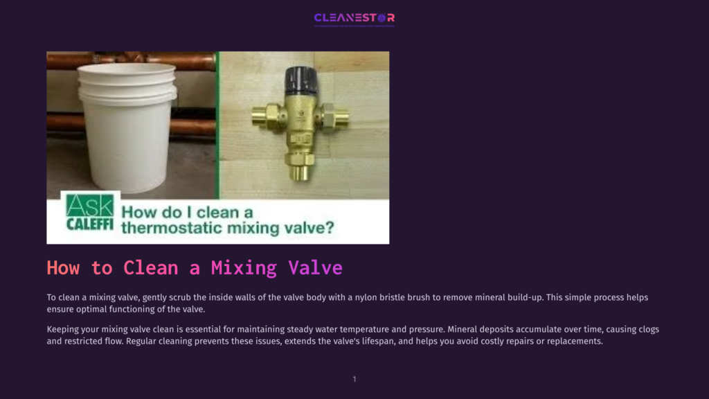 A Caleffi Thermostatic Mixing Valve With A White Bucket And Copper Pipes, With Text &Quot;How Do I Clean A Thermostatic Mixing Valve?&Quot;.