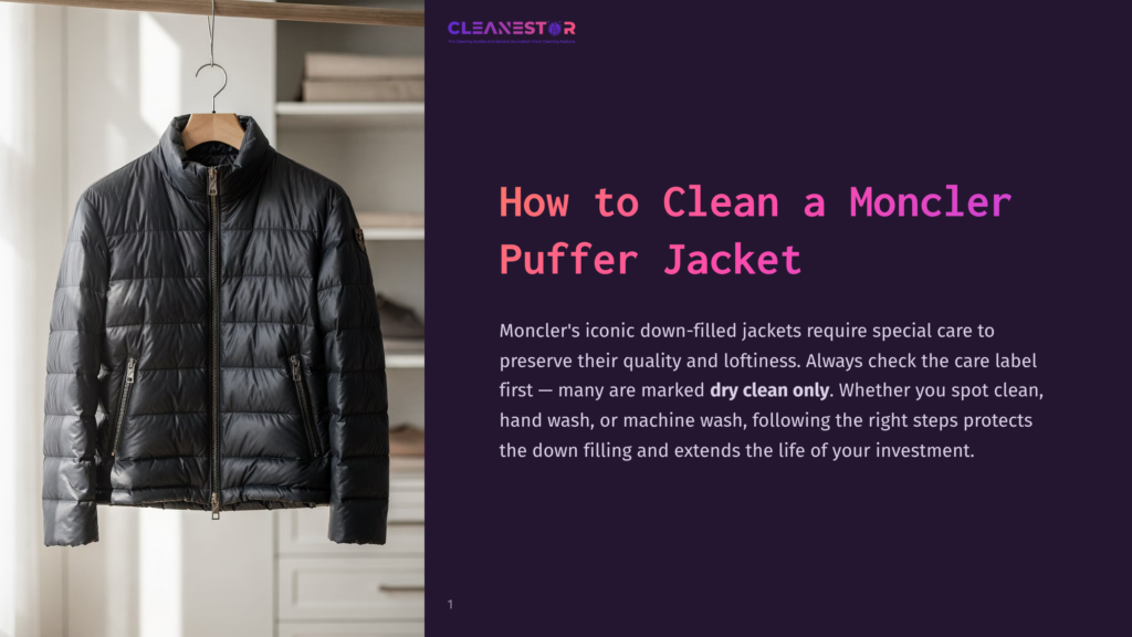 Black Moncler Puffer Jacket Hanging On A Wooden Hanger In A Closet. Text Overlay Reads &Quot;How To Clean A Moncler Puffer Jacket&Quot;.