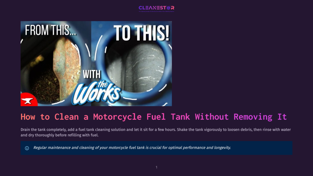 Before And After Images Show A Dirty, Rusty Motorcycle Fuel Tank Being Cleaned To A Spotless Shine With &Quot;The Works&Quot; Cleaning Solution.