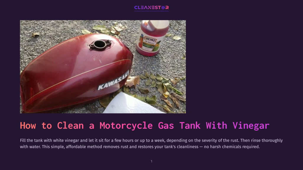 1 How To Clean A Motorcycle Gas Tank With Vinegar A Vintage Red Kawasaki Motorcycle Gas Tank Sits On The Ground Next To A Bottle Of Heinz White Vinegar And A Roll Of Paper Towels, Ready For Cleaning.
