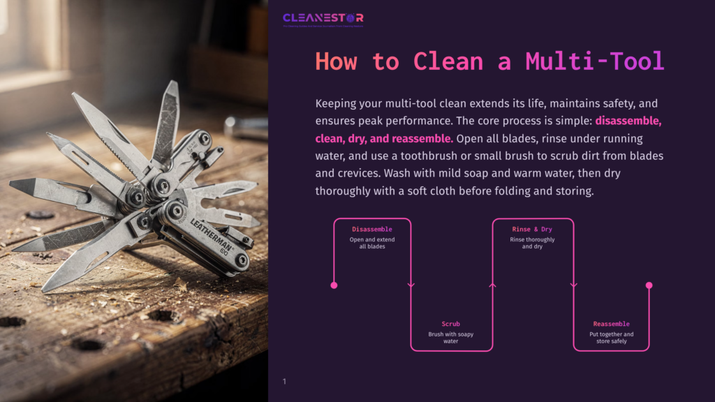 1 How To Clean A Multi Tool A Multi-Tool With Many Blades And Tools Extended Open, Resting On A Rustic Wooden Surface. The Image Includes Text: &Quot;Cleanestor&Quot; And &Quot;How To Clean A Multi-Tool&Quot;.