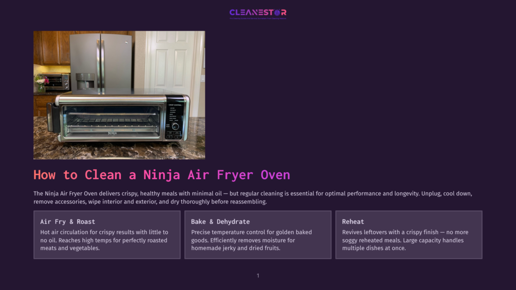 Ninja Air Fryer Oven On A Kitchen Counter, Next To Stainless Steel Refrigerators. The Oven Has A Digital Display And A Glass Door, Showing Racks Inside. Text Overlay Reads &Quot;How To Clean A Ninja Air Fryer Oven.