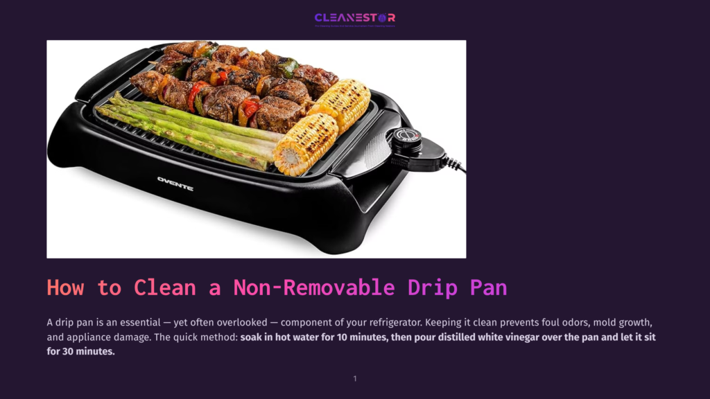 Black Electric Grill With Grilled Skewers Of Meat And Vegetables, And Corn On The Cob. The Text &Quot;Cleanestor&Quot; Is At The Top, And &Quot;How To Clean A Non-Removable Drip Pan&Quot; Is Below.