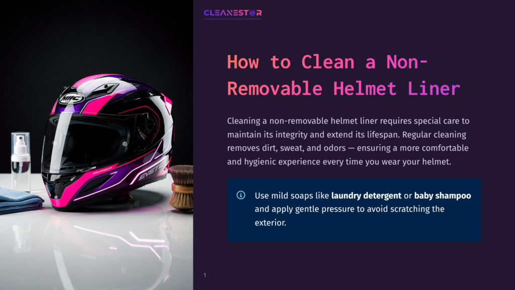 A Vibrant Pink And Purple Motorcycle Helmet Sits On A White Surface Next To Cleaning Supplies, Including A Spray Bottle, Blue Cloth, And A Brush. The Helmet Has A Black Visor And Metallic Accents.