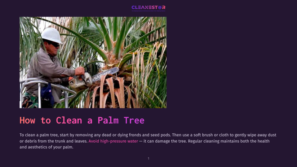 A Man In A Hard Hat Uses A Chainsaw To Prune Dead Fronds From A Tall Palm Tree. The Image Shows A Close-Up Of The Tree And The Man'S Work.