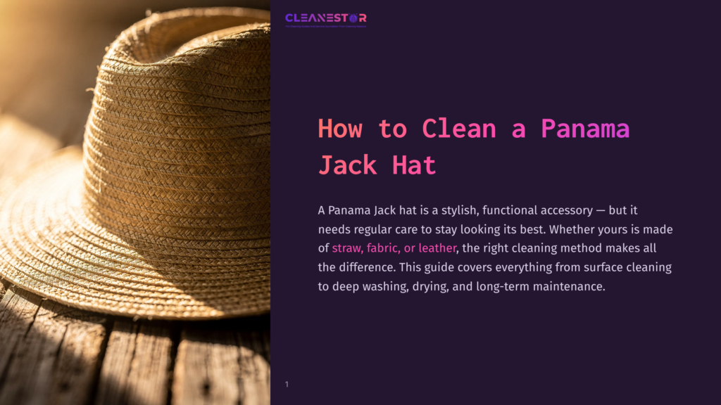 Close-Up Of A Woven Straw Panama Hat Resting On A Weathered Wooden Surface, Bathed In Warm Sunlight. Text Overlay Reads: &Quot;How To Clean A Panama Jack Hat&Quot;.