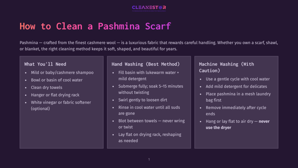Infographic Titled &Quot;How To Clean A Pashmina Scarf&Quot; With Sections On &Quot;What You'Ll Need,&Quot; &Quot;Hand Washing (Best Method),&Quot; And &Quot;Machine Washing (With Caution),&Quot; Offering Advice On Caring For Delicate Cashmere.
