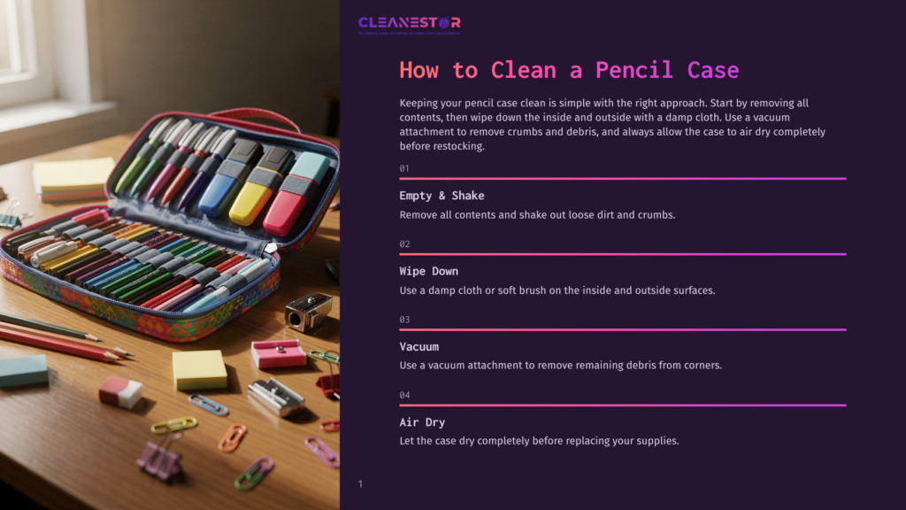 A Colorful, Open Pencil Case Filled With Pens, Pencils, And Markers Sits On A Wooden Desk Next To Scattered Paperclips And Sticky Notes. The Text &Quot;Cleanestor How To Clean A Pencil Case&Quot; Is Visible.