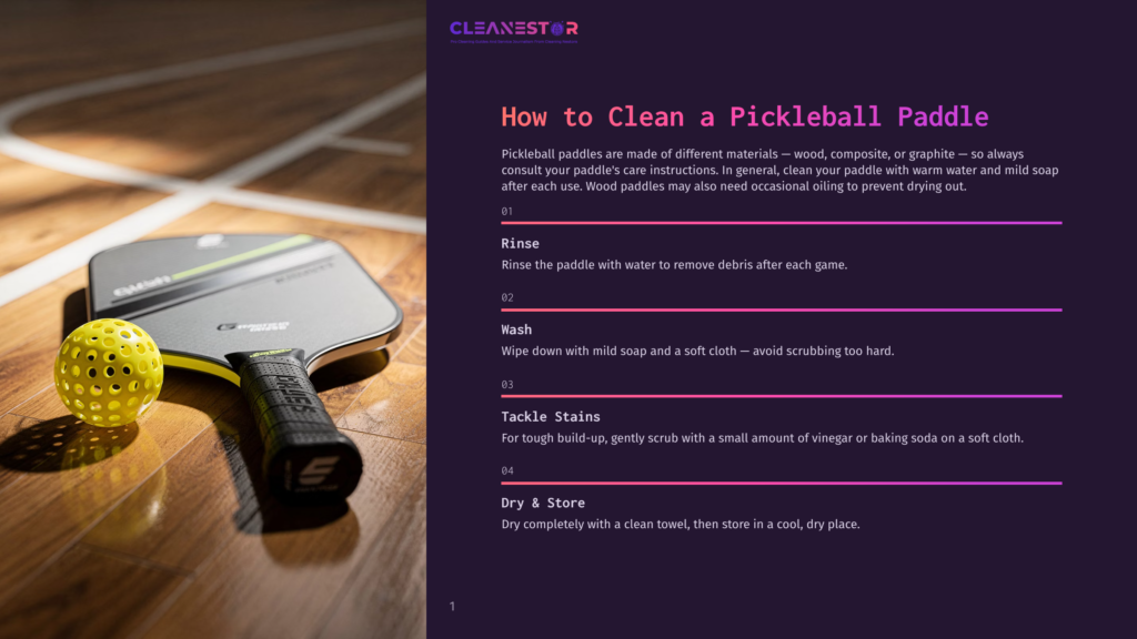 A Pickleball Paddle Rests On A Wooden Surface, With A Small Yellow Ball Beside It, And A Clean Towel Nearby. The Background Is A Wooden Court With A Clean, Minimalist Aesthetic.
