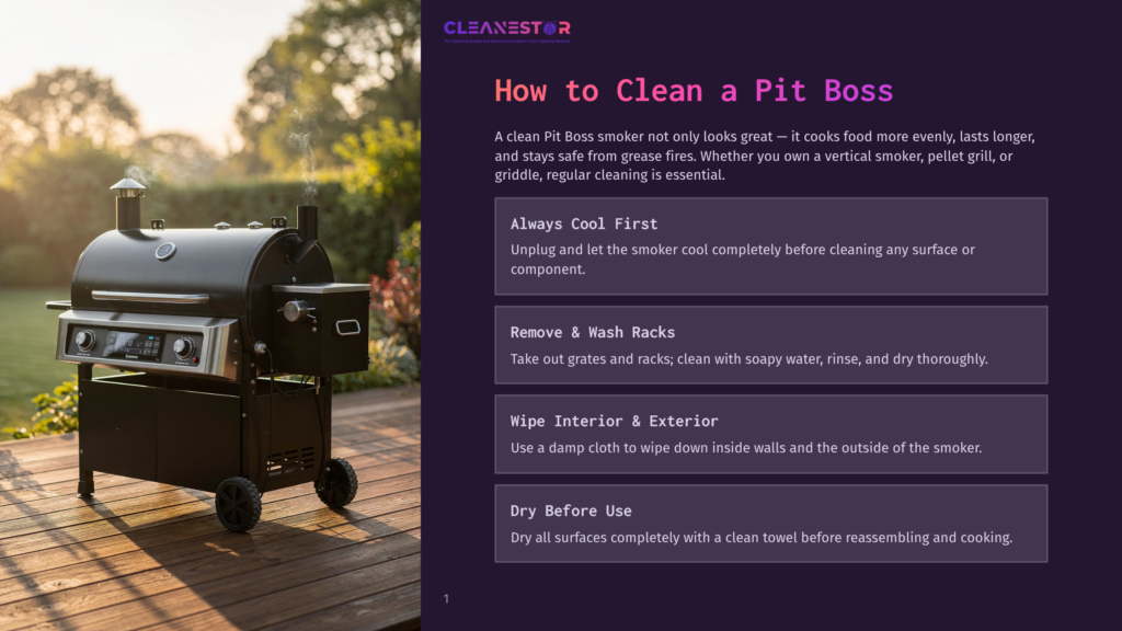 A Sleek Black Pit Boss Smoker Stands On A Wooden Deck, Emitting Light Smoke. A Guide On How To Clean It Is Displayed Next To It, With Steps Like Unplugging The Smoker, Washing Racks, And Wiping The Interior And Exterior.