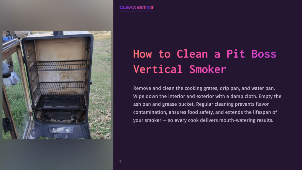 An Open Pit Boss Vertical Smoker With Dirty Interior Racks And A Full Ash Pan, Ready For Cleaning. The Text Reads &Quot;Cleanestor&Quot; And &Quot;How To Clean A Pit Boss Vertical Smoker&Quot;.