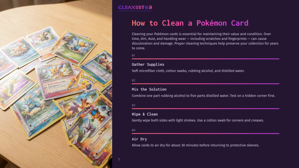 A Wooden Table Displays A Collection Of Colorful Pokemon Cards, With A Step-By-Step Guide On Cleaning Them Displayed On The Right Side Of The Image.