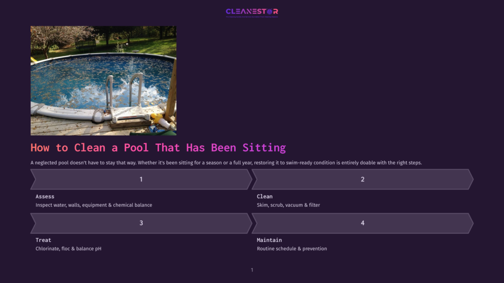 A Neglected Above-Ground Swimming Pool Filled With Debris, Leaves, And Murky Water, With A Ladder Partially Submerged. The Image Is Part Of A Guide On How To Clean A Pool That Has Been Sitting.