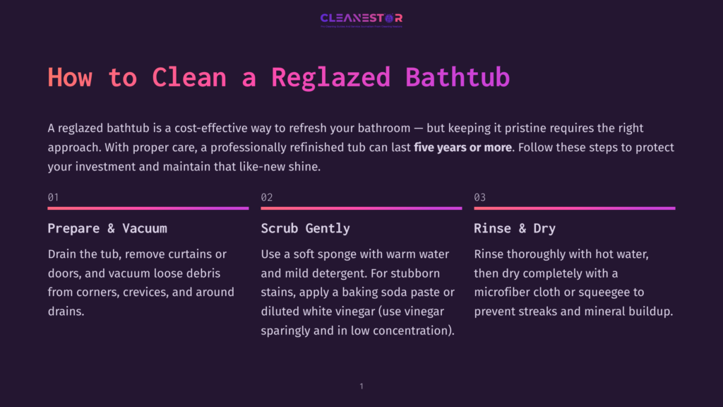 1 How To Clean A Reglazed Bathtub A Tutorial Guide Titled &Quot;How To Clean A Reglazed Bathtub&Quot; Displays Three Steps With Icons. Step One Says &Quot;Prepare &Amp; Vacuum: Drain The Tub, Remove Curtains Or Doors, And Vacuum Loose Debris From Corners, Crevices, And Around Drains.&Quot; Step Two Says &Quot;Scrub Gently: Use A Soft Sponge With Warm Water And Mild Detergent. For Stubborn Stains, Apply A Baking Soda Paste Or Diluted White Vinegar (Use Vinegar Sparingly And In Low Concentration).&Quot; Step Three Says &Quot;Rinse &Amp; Dry: Rinse Thoroughly With Hot Water, Then Dry Completely With A Microfiber Cloth Or Squeegee To Prevent Streaks And Mineral Buildup.
