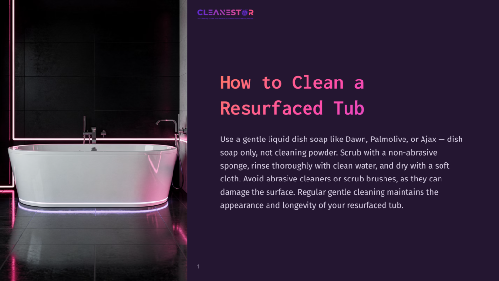 A Sleek, Modern White Bathtub Is Illuminated By Soft Neon Pink And Blue Light, Set Against A Dark, Tiled Wall. Text Overlay Reads &Quot;Cleanestor How To Clean A Resurfaced Tub.