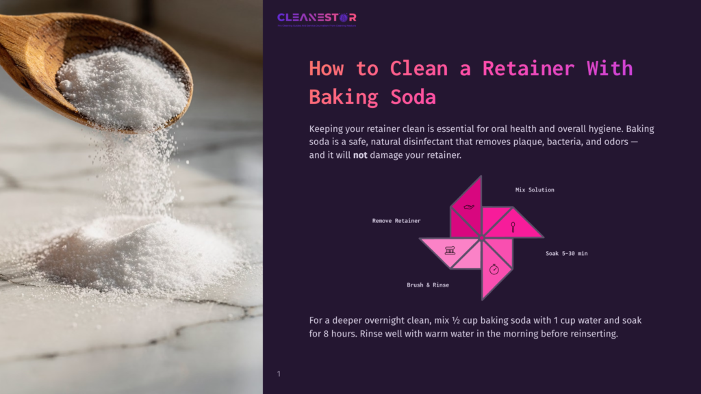 A Wooden Spoon Is Filled With White Baking Soda, Spilling Some Onto A Marble Surface. The Image Is Part Of A Graphic Titled &Quot;How To Clean A Retainer With Baking Soda&Quot; By Cleanestor.