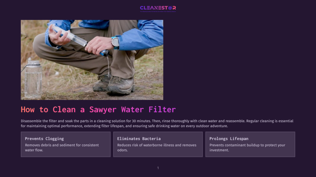 Person In Blue Jacket And Brown Pants Cleaning A Sawyer Water Filter With A Syringe And Cleaning Solution In A Natural Outdoor Setting.