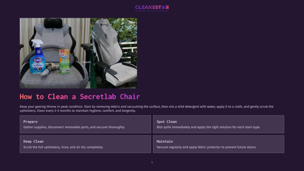 Cleaning Supplies, Including Clorox Disinfectant Spray And Lysol Multi-Purpose Cleaner, Sit Next To A Secretlab Gaming Chair, Ready For Upholstery Cleaning.