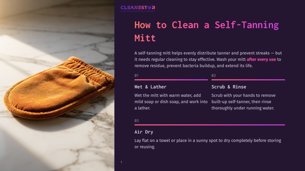 A Textured, Tan Self-Tanning Mitt Rests On A Marble Surface, Showcasing Its Soft, Velvety Material.