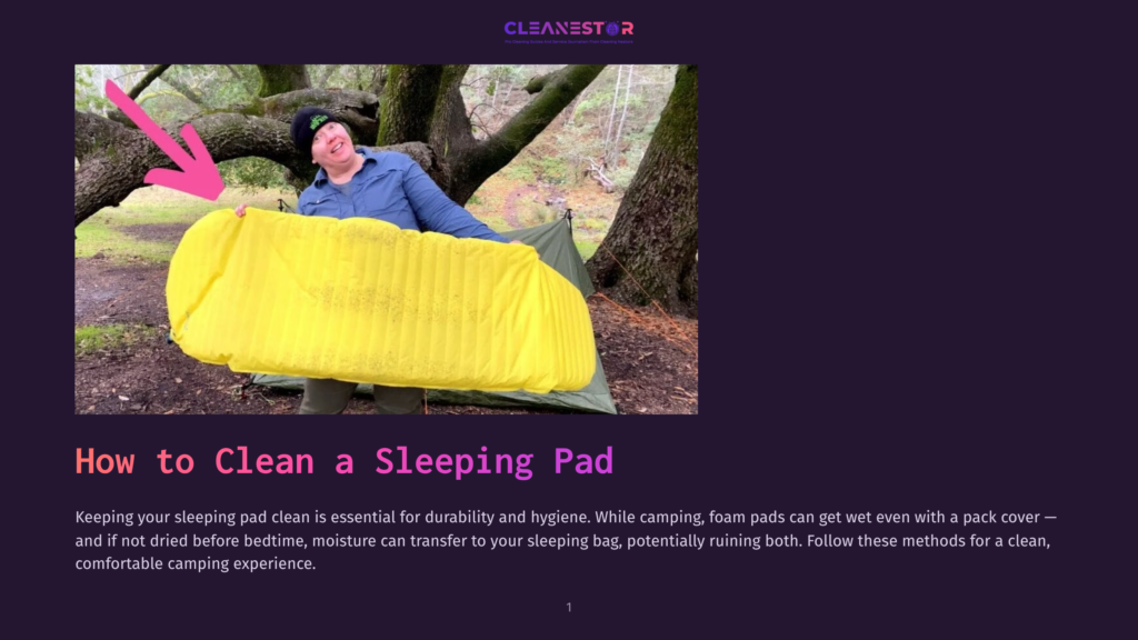 A Smiling Person Holds Up A Bright Yellow Inflatable Sleeping Pad Outdoors, With A Tent And Trees In The Background. The Text &Quot;How To Clean A Sleeping Pad&Quot; Is Visible.