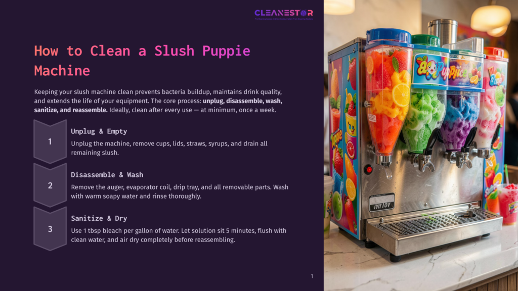 A Colorful Slush Puppie Machine With Multiple Clear Dispensers Filled With Vibrant Frozen Drinks, Next To A Text Overlay Detailing How To Clean The Machine.