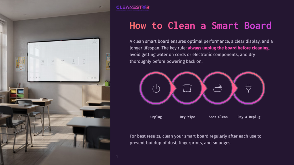 1 How To Clean A Smart Board A Modern Classroom With A Smart Board Displaying Cleaning Instructions, Featuring Icons For Unplugging, Dry Wiping, Spot Cleaning, And Re-Applying. The Text &Quot;How To Clean A Smart Board&Quot; Is Prominent.
