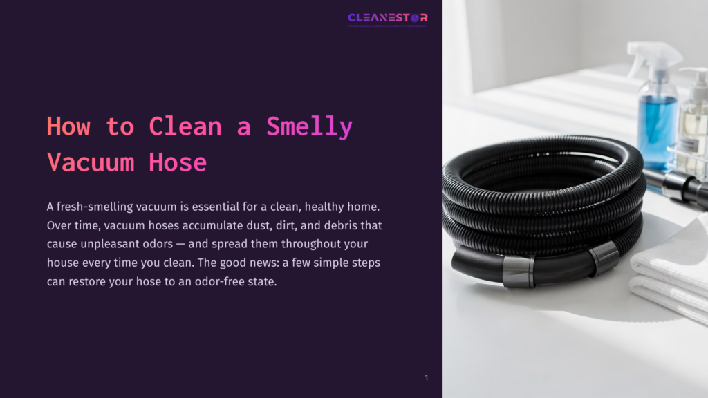 1 How To Clean A Smelly Vacuum Hose A Coiled Black Vacuum Cleaner Hose Rests On A White Table Next To Cleaning Supplies And Folded White Towels. The Image Is Part Of A Blog Post Titled &Quot;How To Clean A Smelly Vacuum Hose.