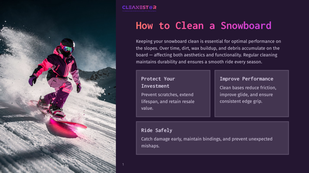 A Snowboarder In A Pink And Purple Jacket Carves Down A Snowy Slope, Kicking Up Powder. Text Overlay Reads &Quot;How To Clean A Snowboard.