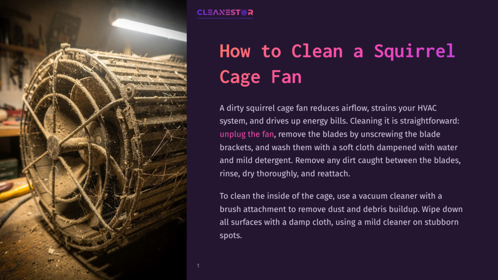 A Detailed View Of A Dirty Squirrel Cage Fan, With Dust And Debris Visible, Placed On A Wooden Table In A Workshop. A Small Wooden Shelf And A Bright Overhead Light Are Also Visible In The Background.