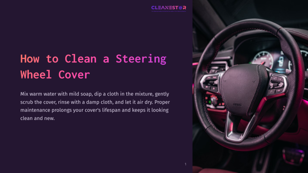 Close-Up Of A Car'S Steering Wheel With &Quot;Airbag&Quot; Text, Suggesting A How-To Guide On Cleaning A Steering Wheel Cover. The Background Is Dimly Lit With A Purple Hue.
