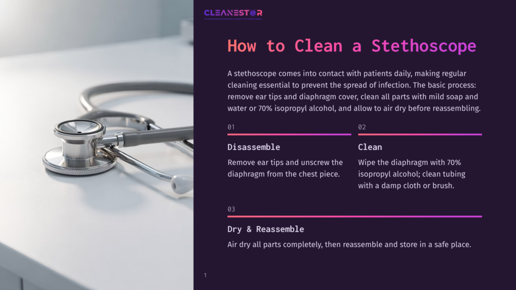 Close-Up Of A Stethoscope On A White Surface, With A Purple Overlay On The Right Featuring Text On How To Clean A Stethoscope, Including Steps Like &Quot;Disassemble,&Quot; &Quot;Clean,&Quot; And &Quot;Dry &Amp; Reassemble.