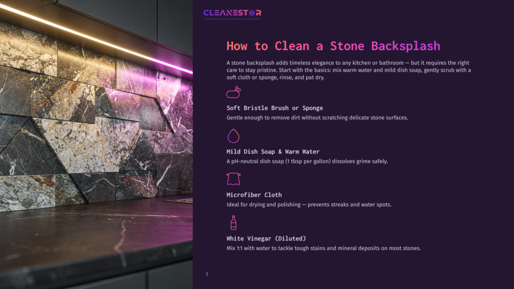 Cleanestor Logo Above A Guide On How To Clean A Stone Backsplah, Featuring A Stylish Kitchen Counter With A Dark, Geometric Stone Backsplash Illuminated By Purple Lighting.