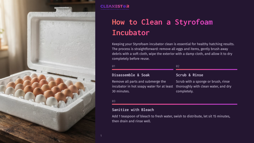 A White Styrofoam Incubator Containing Several Eggs, Partially Disassembled, With A Wooden Surface Beneath, And A Background Of Text Instructions On Cleaning It.
