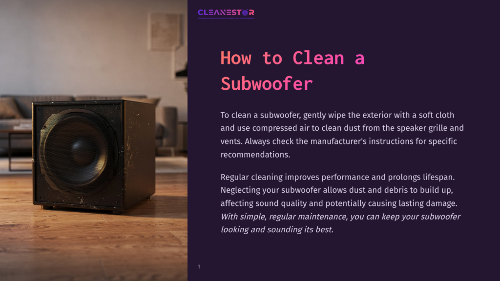 A Dusty, Black, Square Subwoofer Speaker Sits On A Wooden Floor In Front Of A Blurred Living Room With A Couch. The Image Is Part Of A &Quot;How To Clean A Subwoofer&Quot; Guide.