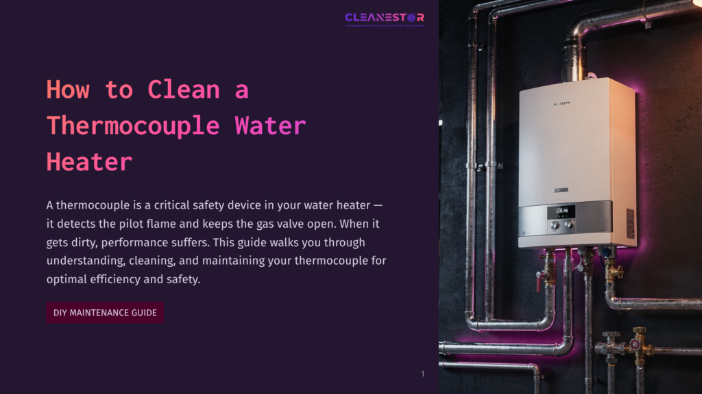 A Modern White Gas Water Heater, The Cleanestar Brand, Is Mounted On A Dark Textured Wall, Surrounded By Industrial Pipes With Purple Lighting. The Text &Quot;How To Clean A Thermocouple Water Heater&Quot; And &Quot;Diy Maintenance Guide&Quot; Is Visible.