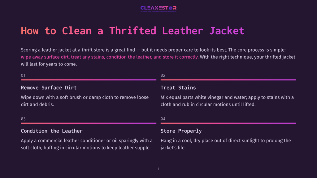 Infographic Titled &Quot;How To Clean A Thifted Leather Jacket&Quot; With Steps: Remove Surface Dirt, Treat Stains, Condition The Leather, And Store Properly. Purple And Pink Gradient Accents.