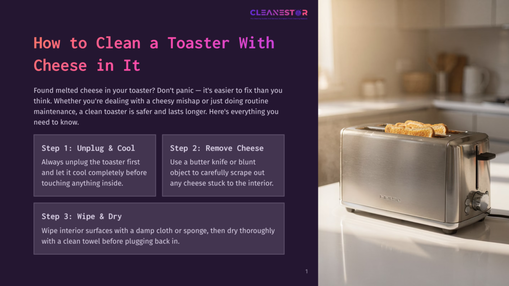 A Stainless Steel Toaster With Golden-Brown Toast In Its Slots Sits On A Clean Countertop. The Image Is Part Of A Guide On How To Clean A Toaster With Cheese In It.