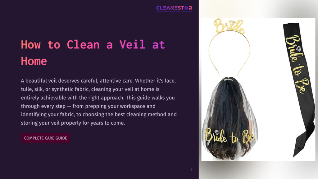 1 How To Clean A Veil At Home How To Clean A Veil At Home&Quot; Text On A Dark Background, Next To A Bridal Veil And Sash Set. The Set Includes A Gold &Quot;Bride&Quot; Headband With A Black Veil And A Black &Quot;Bride To Be&Quot; Sash With Gold Lettering And A Diamond Graphic.